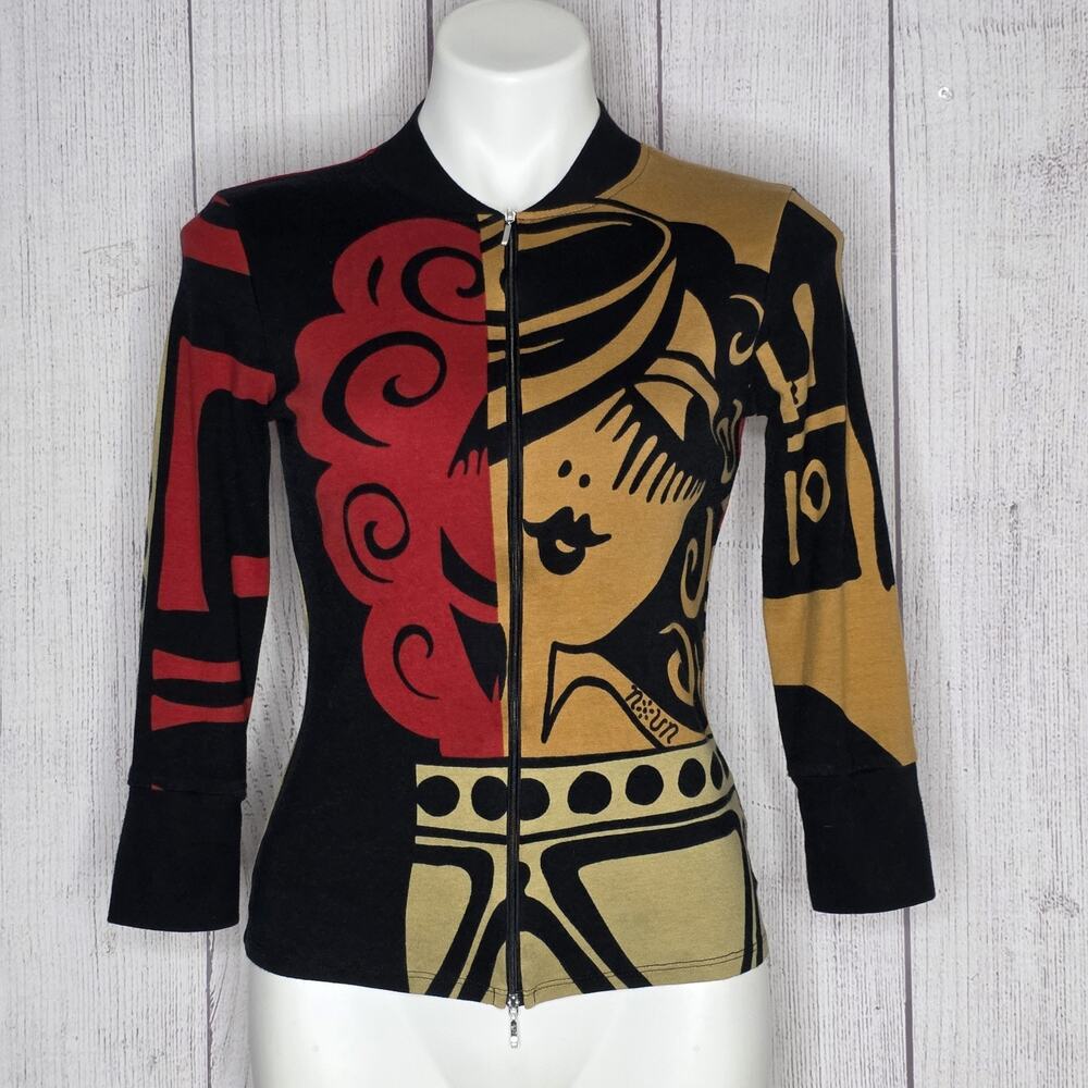 Y2K Noun Paris Double Zip Cardigan Sweater Pop Art Face Art to Wear, sz Large